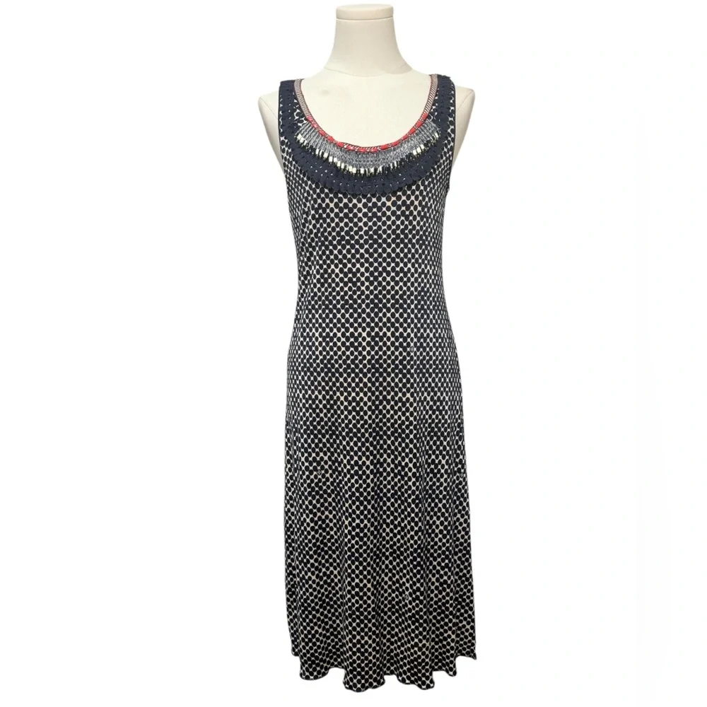 Tory Burch Silk Beaded Polka Dot Midi Cocktail Dress Cream Navy Medium